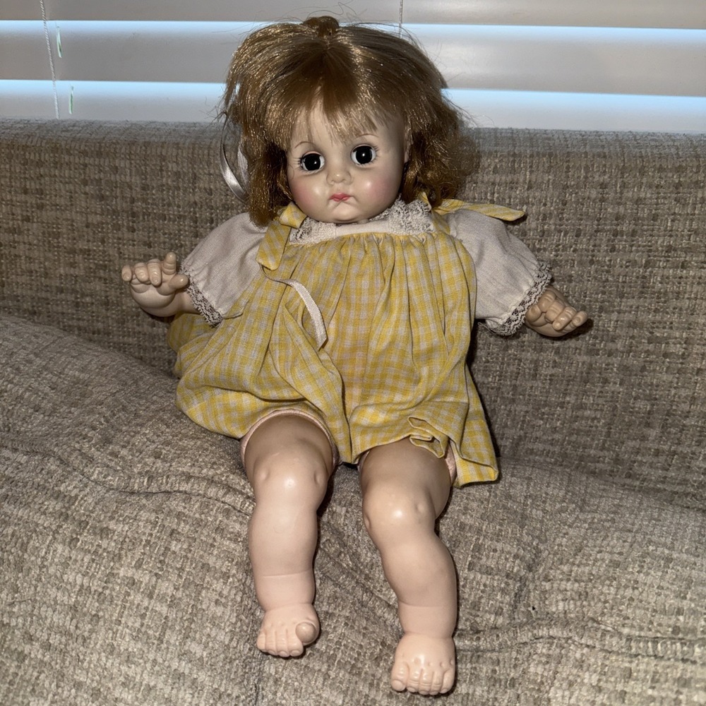 Madame Alexander Puddin Blonde Doll Yellow Gingham Dress No Shoes
